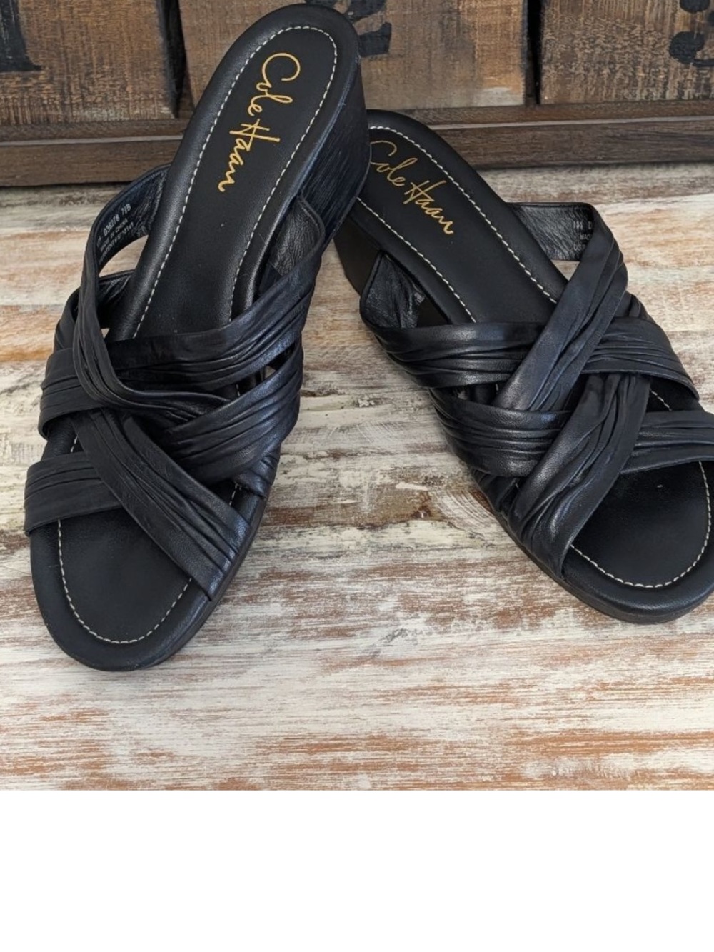 NWOB - Cole Haan NikeAir Black Leather strappy wedge slides- size 10/10.5